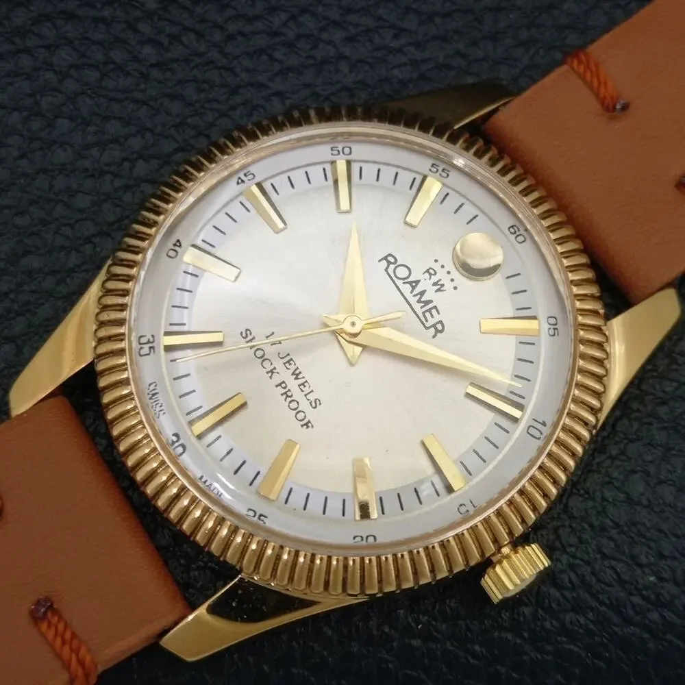Vintage 1973 Roamer Manual Mens Gold Watch W/Leather Strap & Silver accents